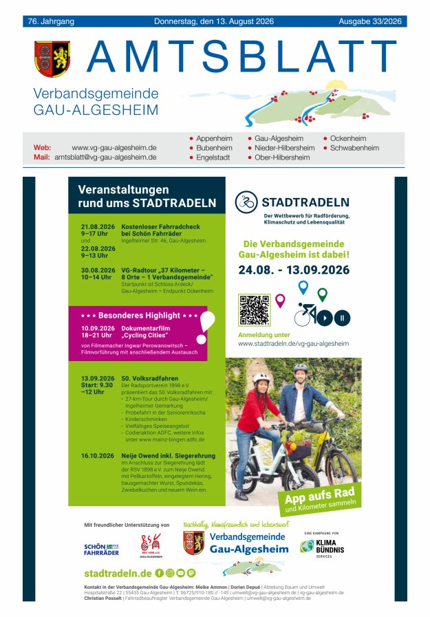 Amtsblatt der VG Gau-Algesheim Titelblatt 33/2026