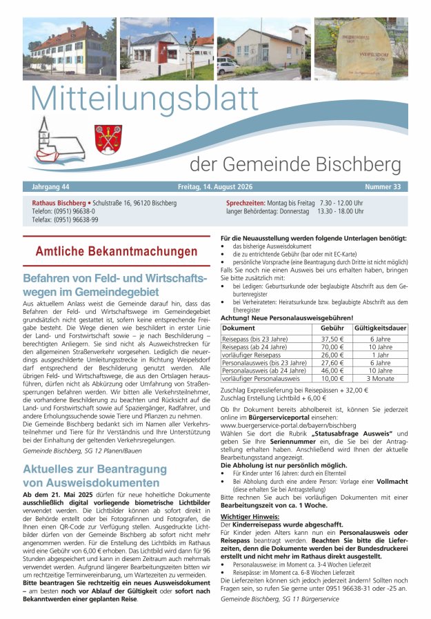 Mitteilungsblatt der Gemeinde Bischberg Titelblatt 33/2026