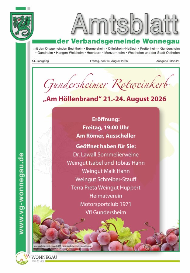 Amtsblatt VG Wonnegau Titelblatt 33/2026