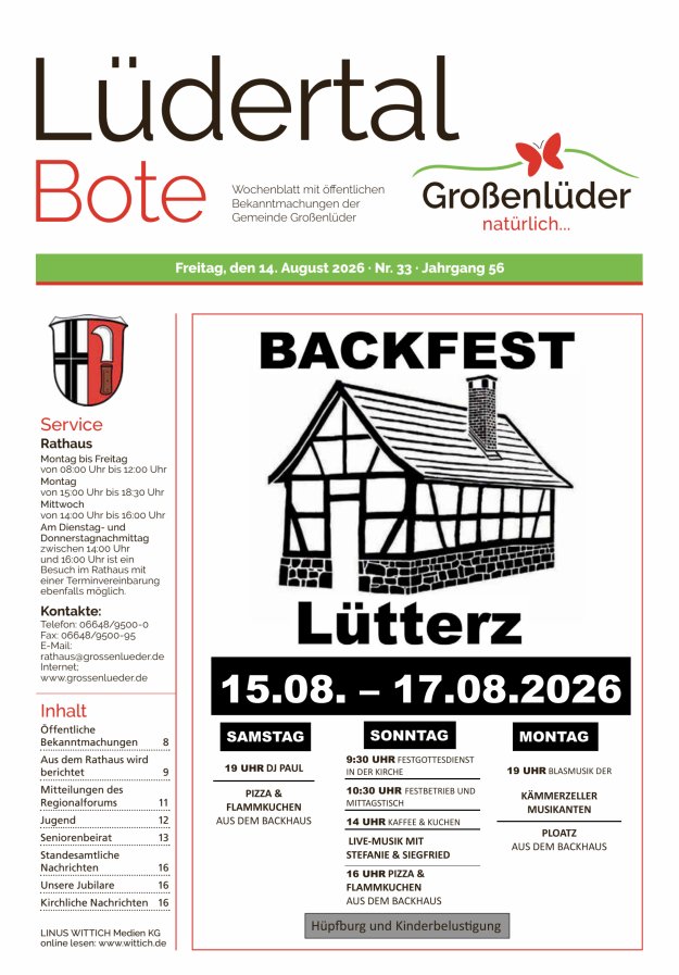 Wochenblatt mit öffentlichen Bekanntmachungen der Gemeinde Großenlüder Titelblatt 33/2026