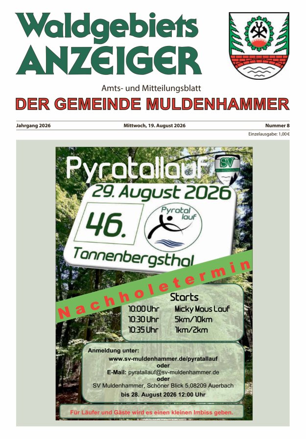 Waldgebietsanzeiger der Gemeinde Muldenhammer Titelblatt 08/2026