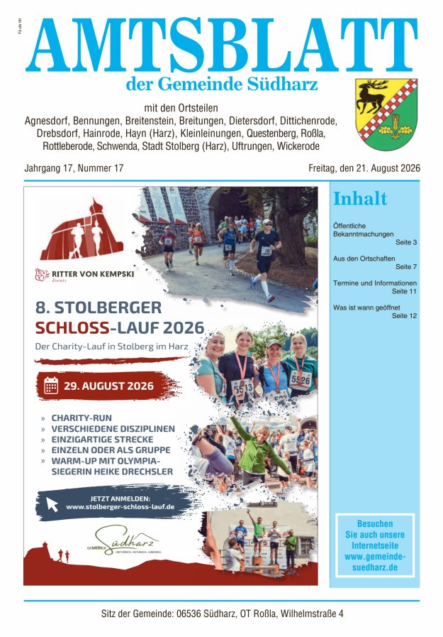 Amtsblatt der Gemeinde Südharz Titelblatt 17/2026