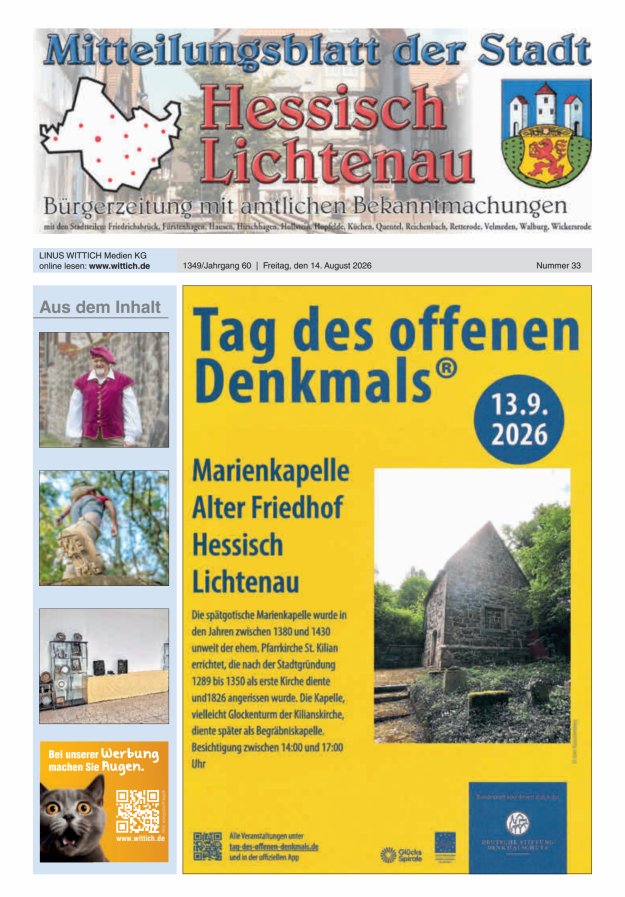 Mitteilungsblatt der Stadt Hess Lichtenau Titelblatt 33/2026