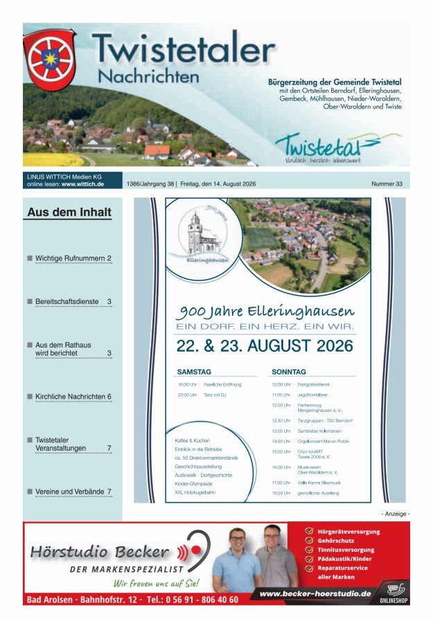 Twistetaler Nachrichten Titelblatt 33/2026