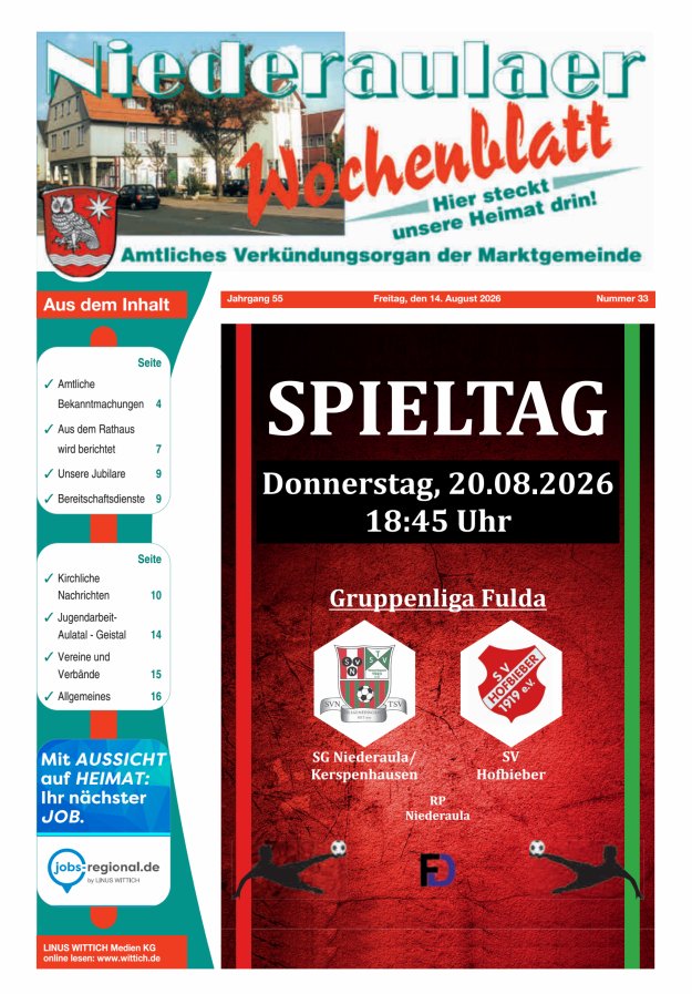 Niederaulaer Wochenblatt Titelblatt 33/2026