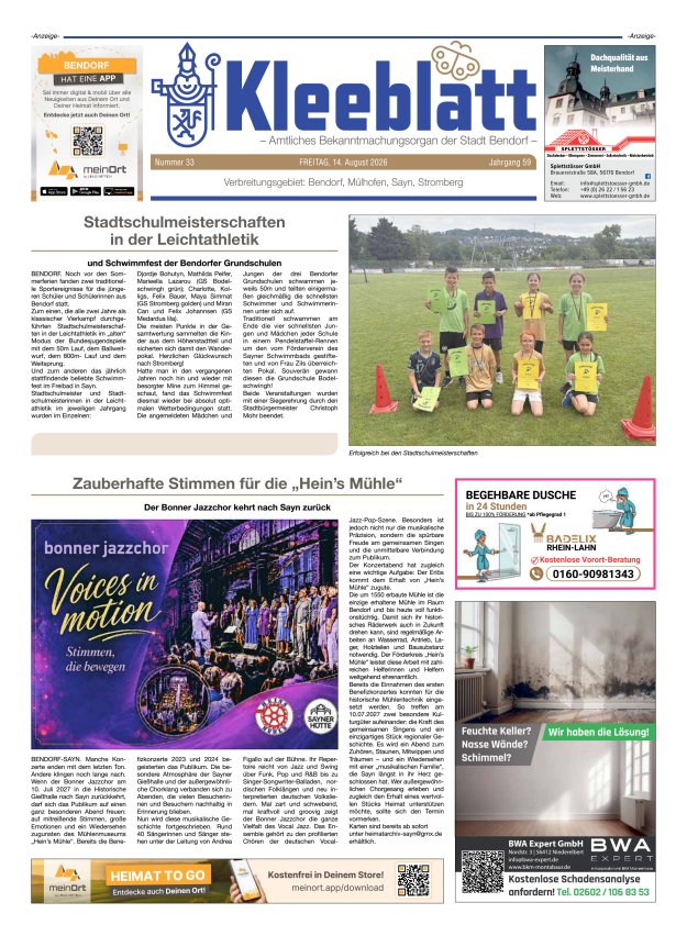 Kleeblatt - Amtliches Bekanntmachungsorgan der Stadt Bendorf Titelblatt 33/2026