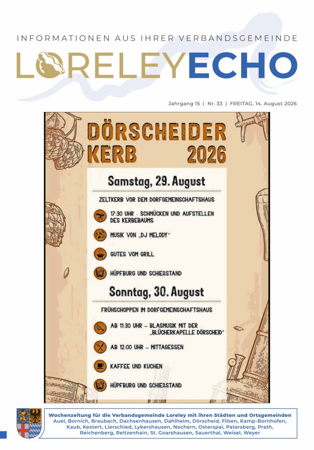 Loreley-Echo - Mitteilungsblatt der Verbandsgemeinde Loreley (Braubach) Titelblatt 32/2026