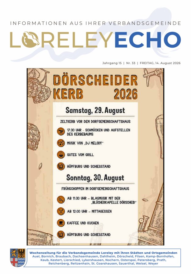 Loreley-Echo - Mitteilungsblatt der Verbandsgemeinde Loreley Titelblatt 33/2026