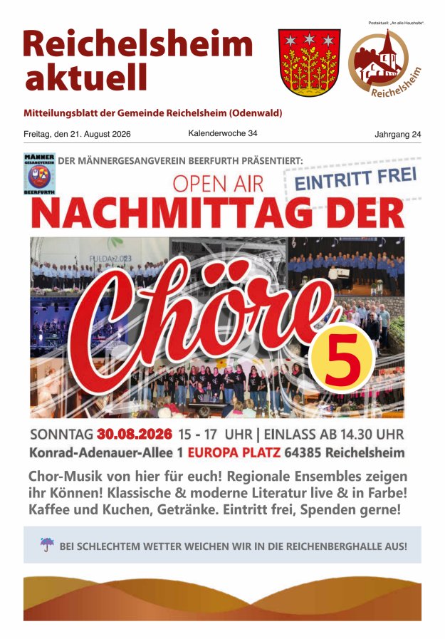 Reichelsheim aktuell - Amtsblatt der Gemeinde Reichelsheim(Odenwald) Titelblatt 34/2026