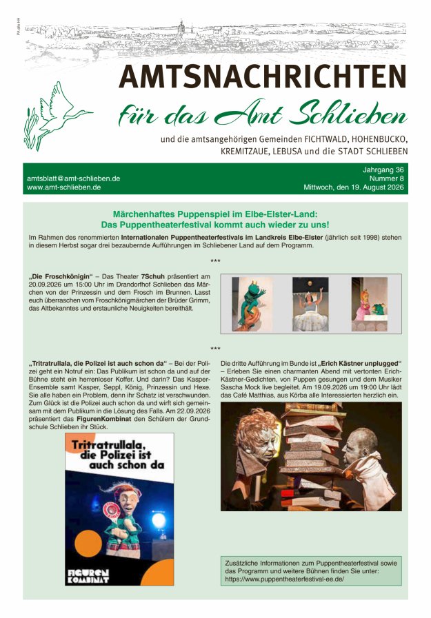 Amtsnachrichten – Amtsblatt für das Amt Schlieben und die amtsangehörigen Gemeinden Titelblatt 08/2026