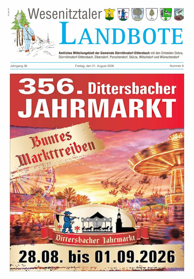 Wesenitztaler Landbote – Amtliches Mitteilungsblatt der Gemeinde Dürrröhrsdorf-Dittersbach Titelblatt 08/2026