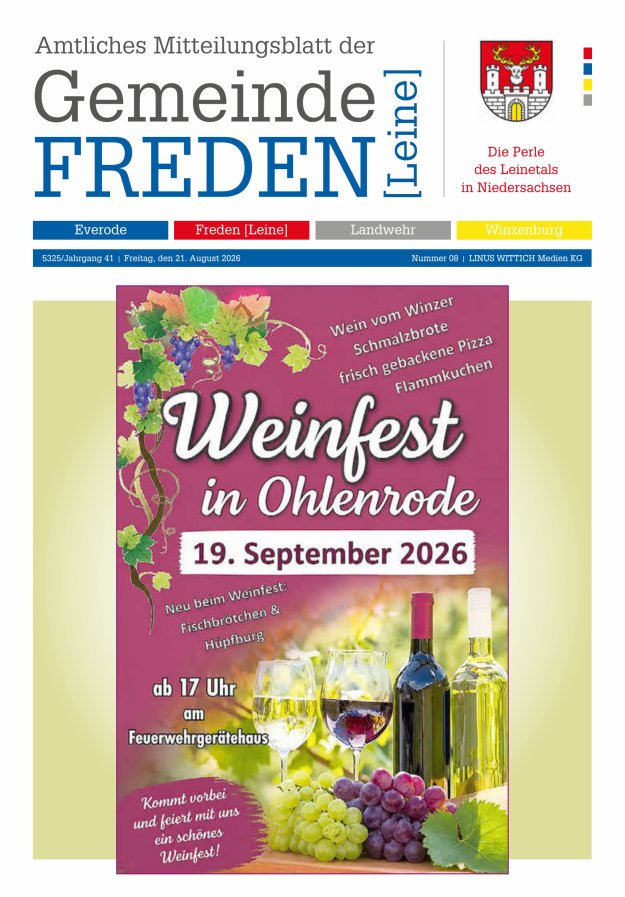Amtliches Mitteilungsblatt der Samtgemeinde Freden (Leine) Titelblatt 08/2026