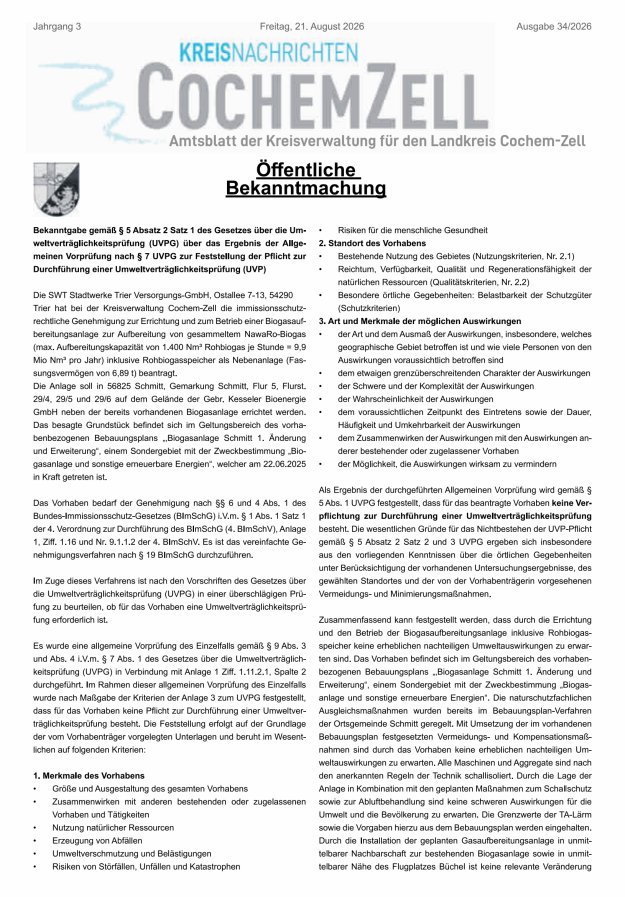 Kreisnachrichten Cochem-Zell Titelblatt 34/2026