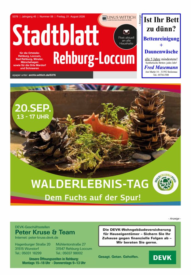 Stadtblatt Rehburg-Loccum Titelblatt 08/2026