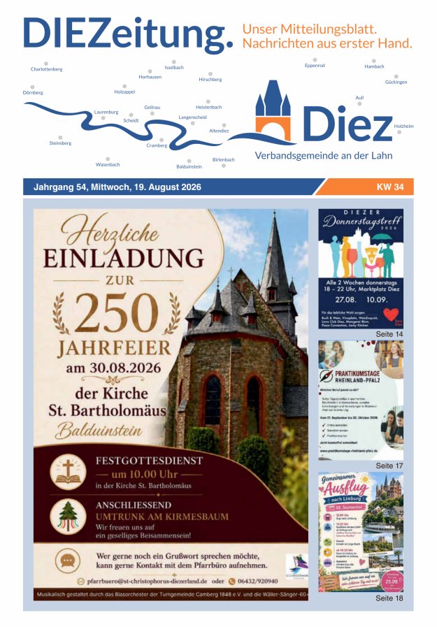 DIEZeitung - Mitteilungsblatt der Verbandsgemeinde Diez  Titelblatt 34/2026