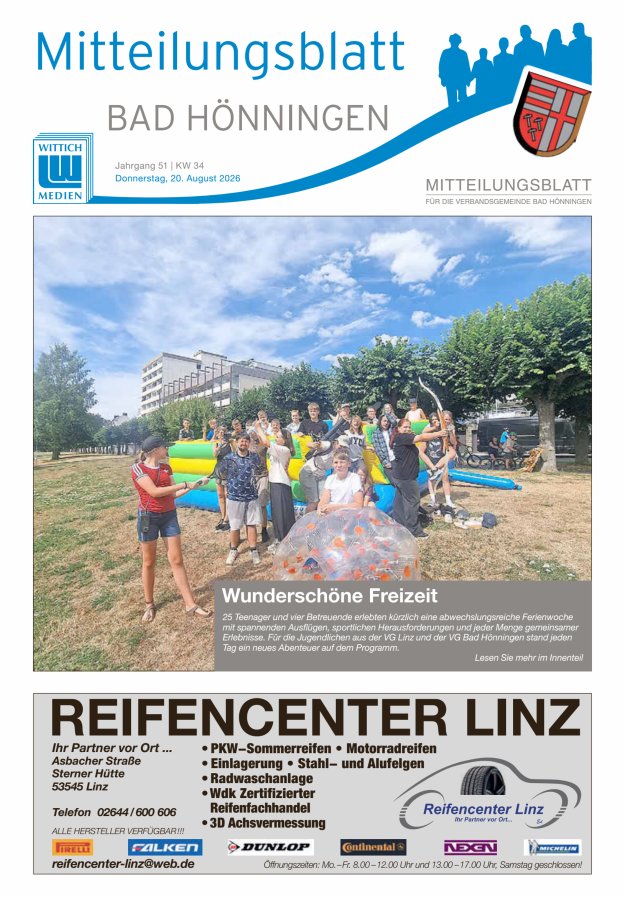 Mitteilungsblatt für den Bereich der Verbandsgemeinde Bad Hönningen Titelblatt 34/2026