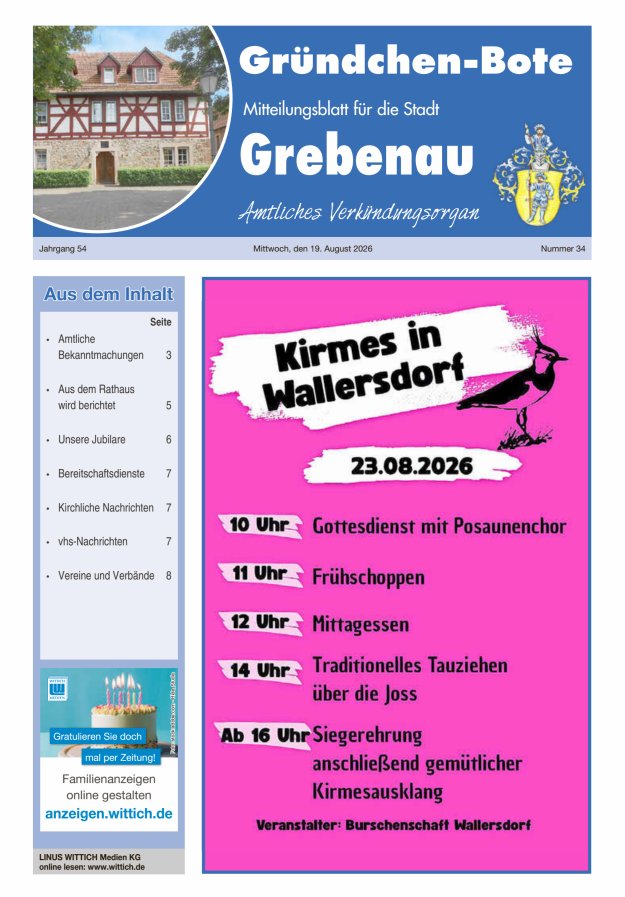 Grebenau - Gründchen Bote - Mitteilungsblatt für die Stadt Grebenau Titelblatt 34/2026