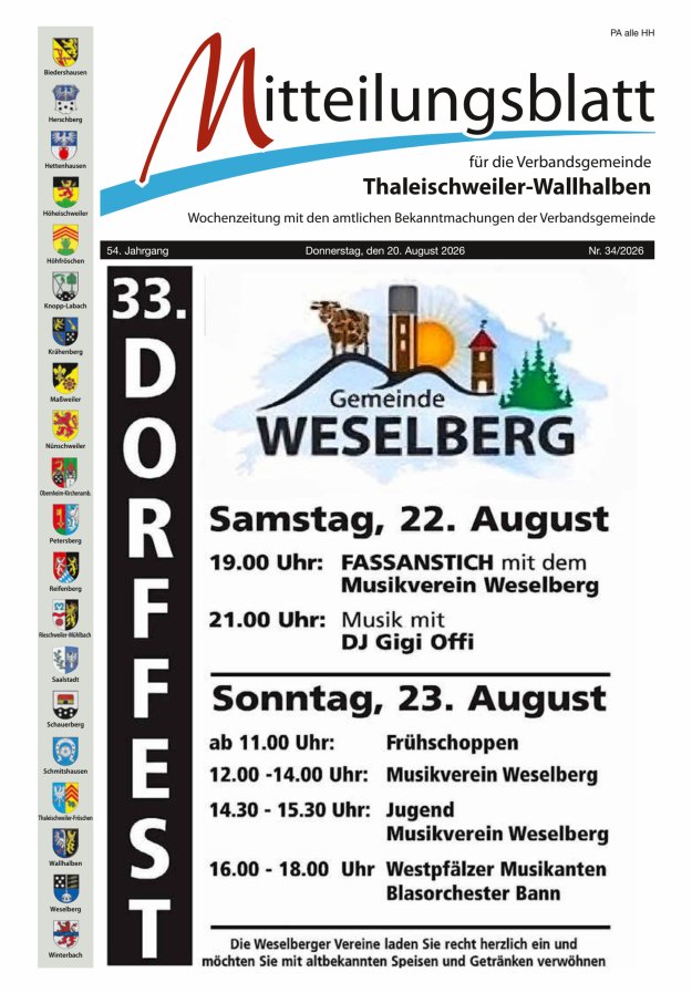 Mitteilungsblatt VG Thaleischweiler-Wallhalben Titelblatt 34/2026