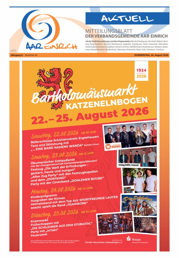 Mitteilungsblatt der Verbandsgemeinde Aar-Einrich Ausgabe Katzenelnbogen Titelblatt 33/2026