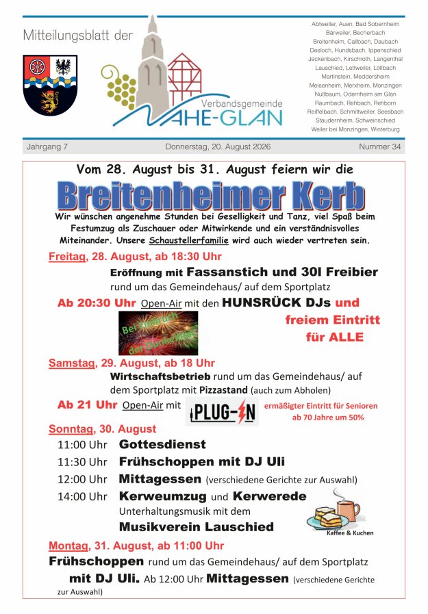 Mitteilungsblatt für die Verbandsgemeinde Nahe-Glan Titelblatt 34/2026
