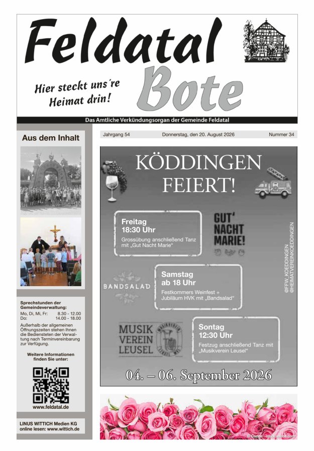 Das Amtliche Verkündungsorgan der Gemeinde Feldatal Titelblatt 34/2026