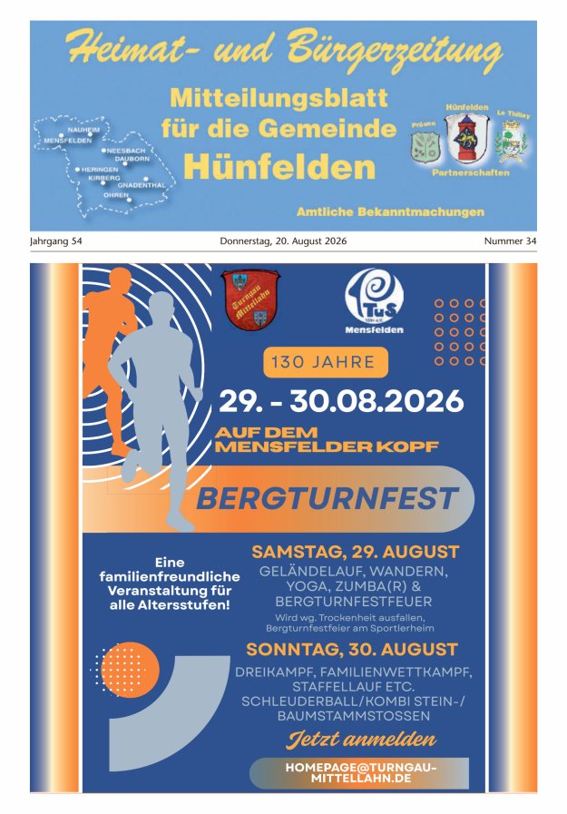 Mitteilungsblatt für die Gemeinde Hünfelden Titelblatt 34/2026