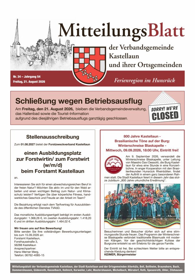 Mitteilungsblatt Kastellaun Titelblatt 34/2026