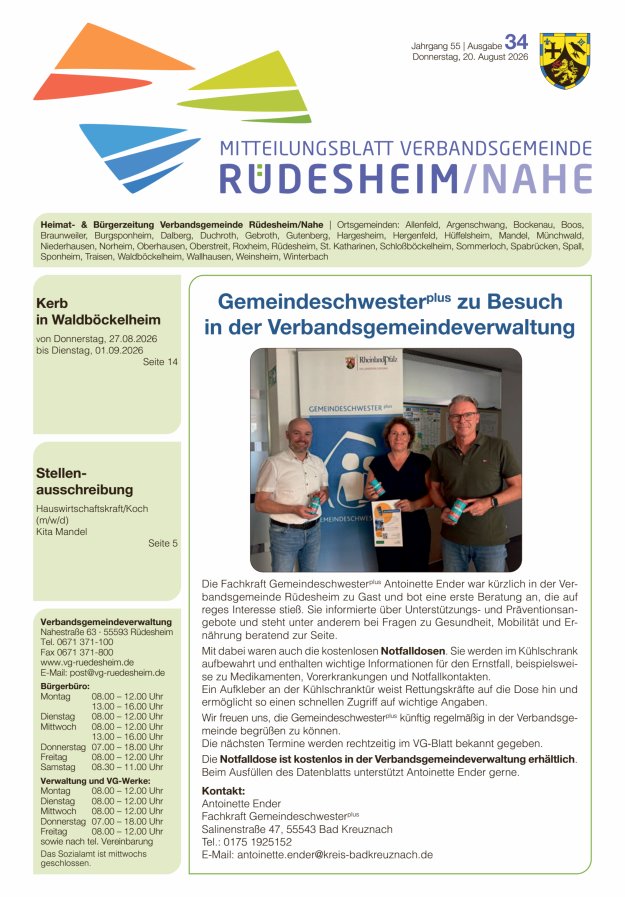 Mitteilungsblatt Verbandsgemeinde Rüdesheim und zugehörige Ortsgemeinden Titelblatt 34/2026