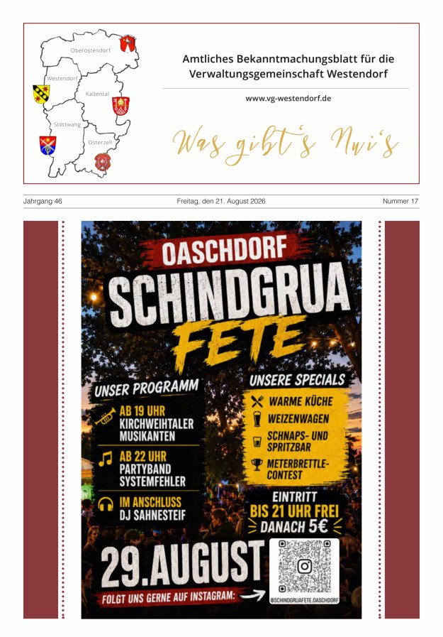 Was gibt's Nui's Amtliches Bekanntmachungsblatt für die VG Westendorf Titelblatt 17/2026