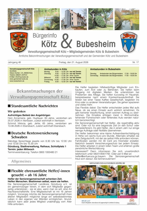 Amtsblatt der VG Kötz und der Mitgliedsgemeinden Titelblatt 17/2026