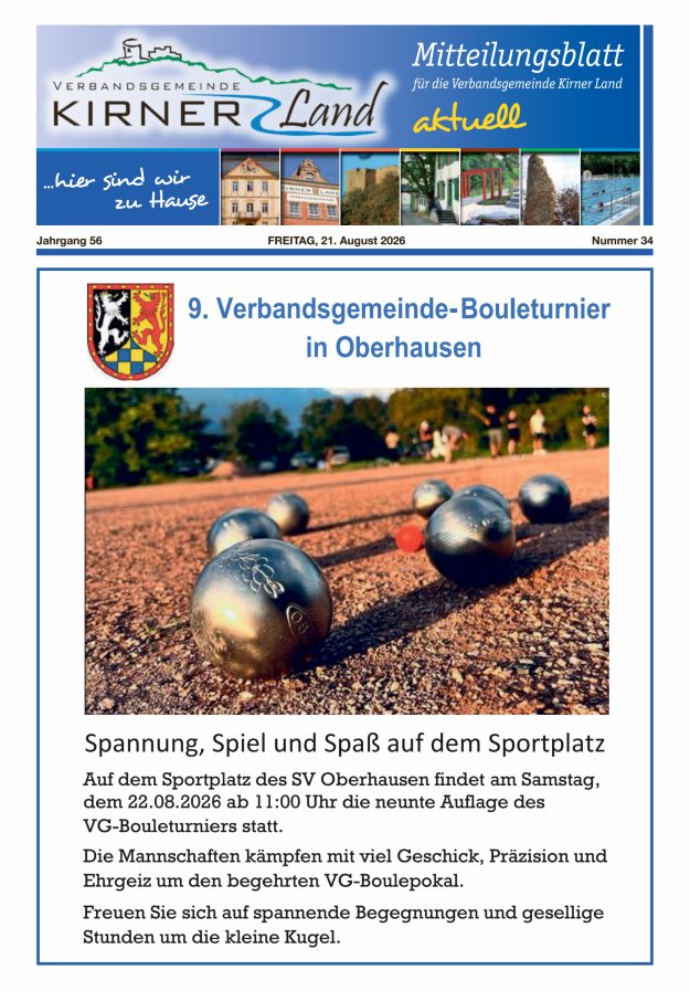 Mitteilungsblatt für den Bereich der Verbandsgemeinde Kirner Land Titelblatt 34/2026