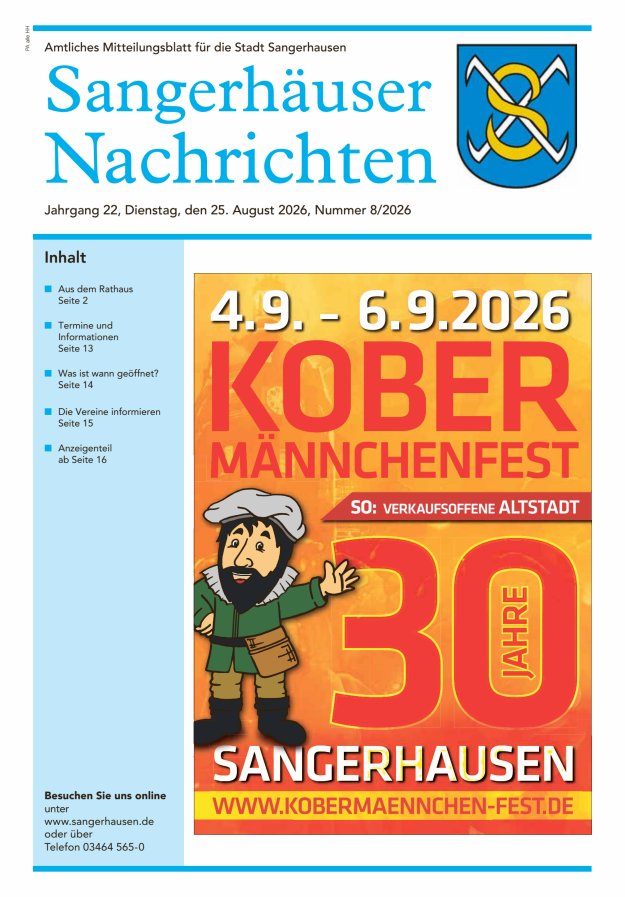 Sangerhäuser Nachrichten – Amtliches Mitteilungsblatt für die Stadt Sangerhausen Titelblatt 08/2026