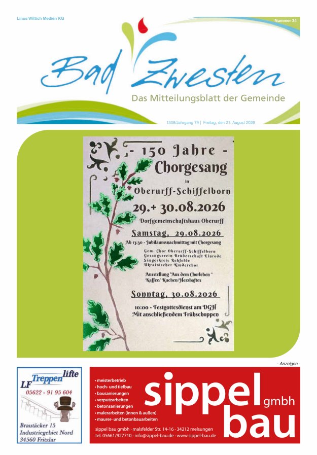 Heimatzeitung Bad Zwesten Titelblatt 34/2026