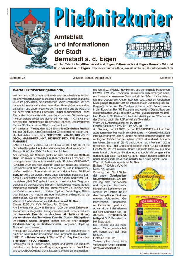 Pließnitzkurier – Amtsblatt und Informationen der Stadt Bernstadt a. d. Eigen Titelblatt 08/2026