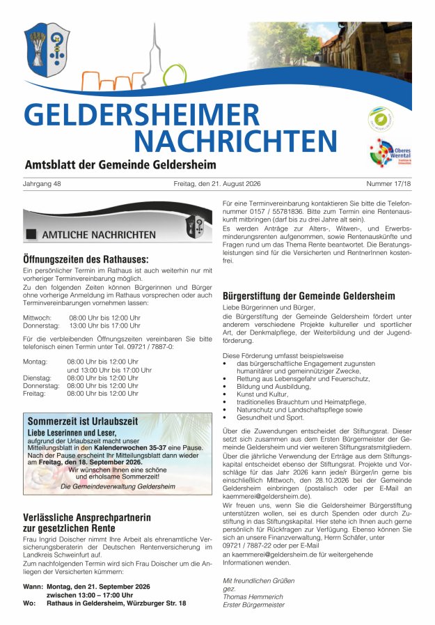 Geldersheimer Nachrichten Amtsblatt der Gemeinde Geldersheim Titelblatt 17/2026