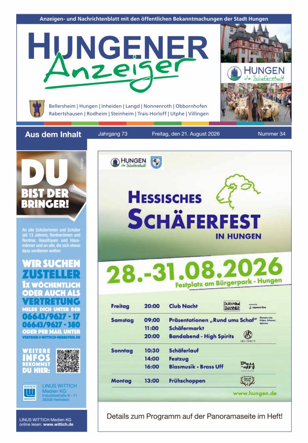 Anzeigen- und Nachrichtenblatt mit den öff  Bekanntmachungen der Stadt Hungen Titelblatt 34/2026