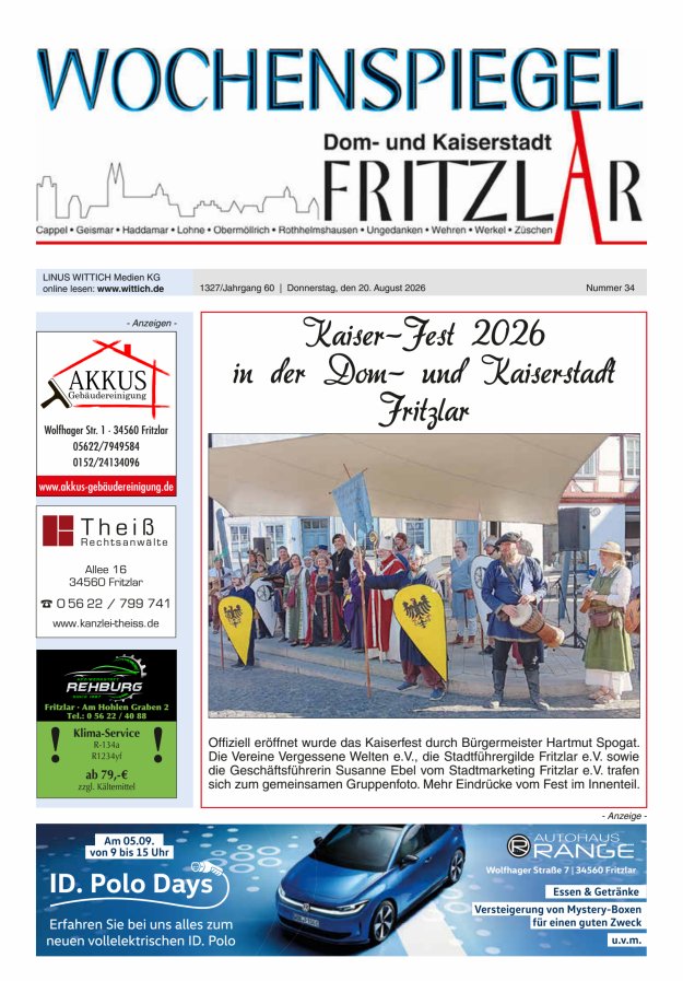 Wochenspiegel Dom- und Kaiserstadt Fritzlar Titelblatt 34/2026