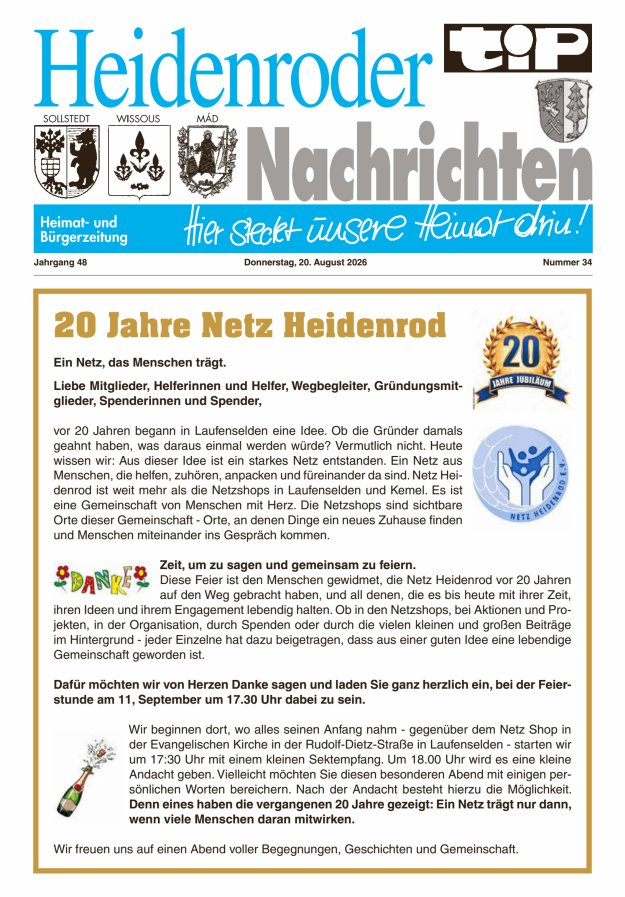 "tip" Heidenroder Nachrichten Titelblatt 34/2026