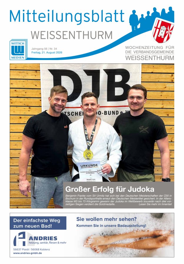 Mitteilungsblatt für den Bereich der Verbandsgemeinde Weißenthurm Titelblatt 34/2026