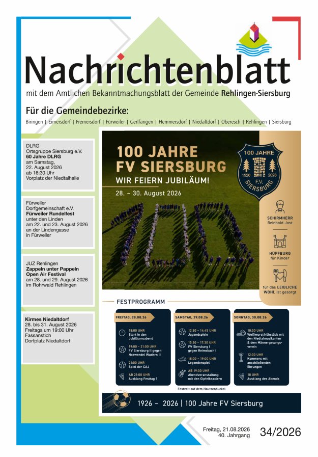 Nachrichtenblatt Rehlingen-Siersburg Titelblatt 34/2026
