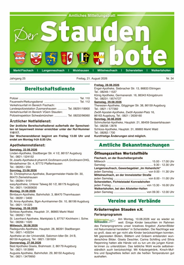 Staudenbote Amtliches Mitteilungsblatt Titelblatt 34/2026