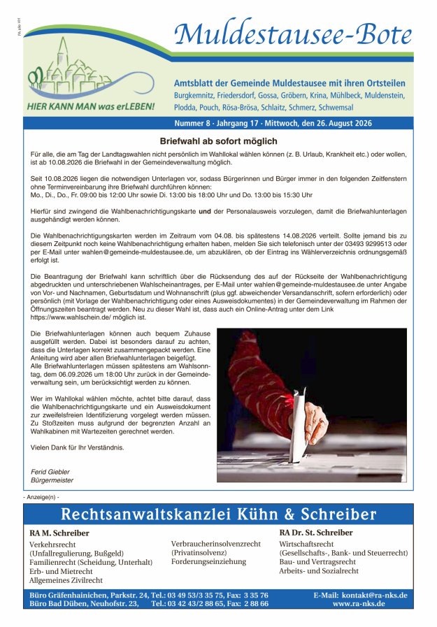 Muldestausee-Bote – Amtsblatt der Gemeinde Muldestausee mit ihren Ortsteilen Titelblatt 08/2026