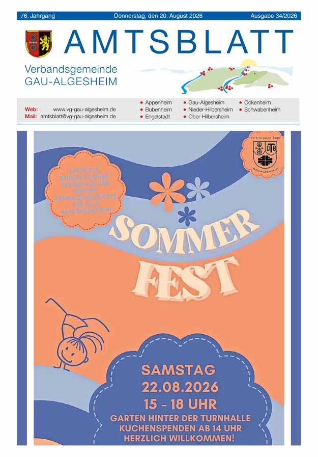 Amtsblatt der VG Gau-Algesheim Titelblatt 34/2026