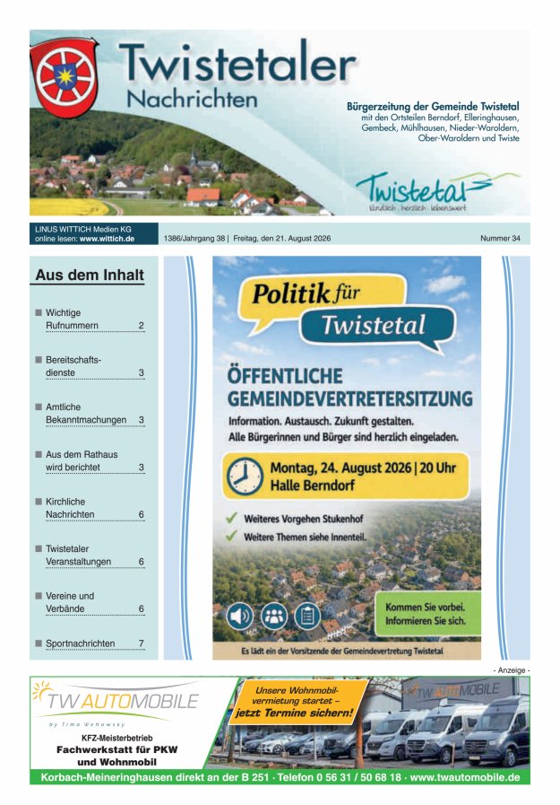Twistetaler Nachrichten Titelblatt 34/2026