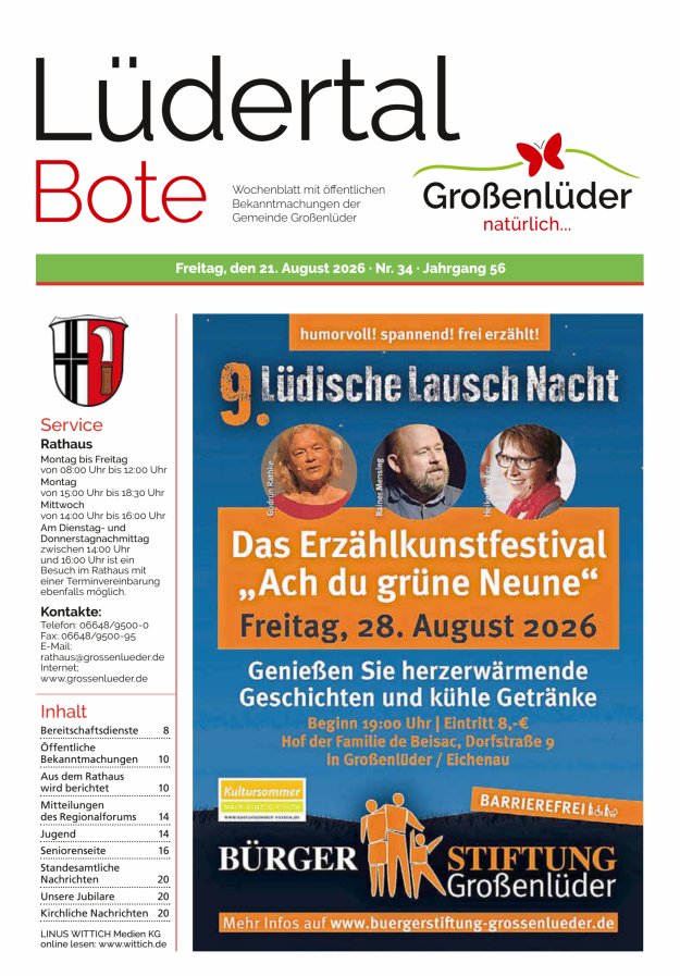 Wochenblatt mit öffentlichen Bekanntmachungen der Gemeinde Großenlüder Titelblatt 34/2026