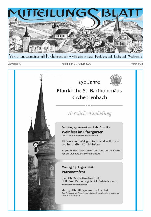 Mitteilungsblatt Verwaltungsgemeinschaft Kirchehrenbach Titelblatt 34/2026