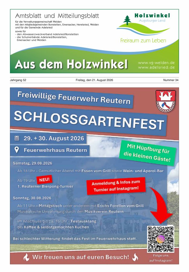 Aus dem Holzwinkel Amtsblatt u Mitteilungsblatt f VG Welden u GemAdelsried Titelblatt 34/2026
