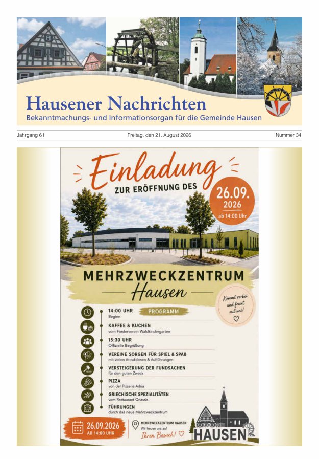 Hausener Nachrichten Titelblatt 34/2026
