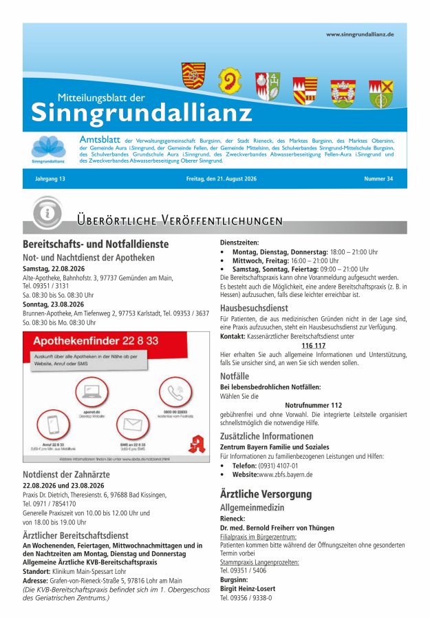 Mitteilungsblatt der Sinngrundallianz Titelblatt 34/2026