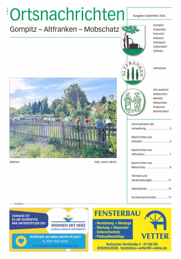 Ortsnachrichten Gompitz - Altfranken - Mobschatz Titelblatt 08/2026